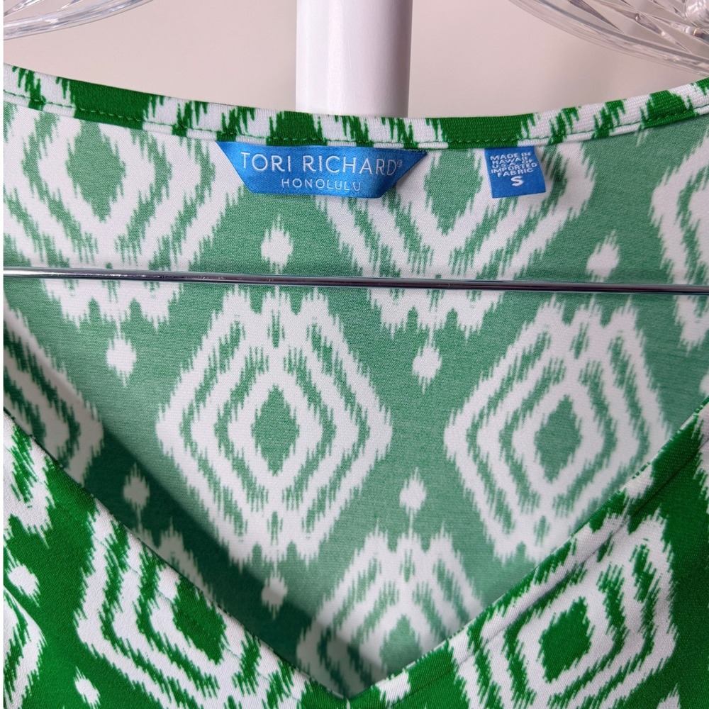 Tori Richard Honolulu Green Ikat Diamond Dress V-Neck Drawstring Waist Small - Picture 4 of 6